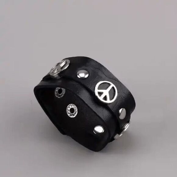 Peace Logo Silver Black Leather Unisex Bracelet - Picture 1 of 7